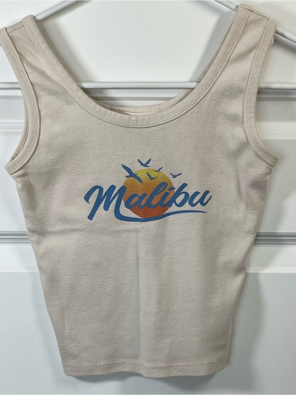 Malibu Tank Top XS Cropped Beach Graphic Beige Y2K Coastal Boho